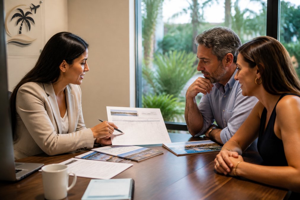 Travel advisor in professional office setting reviewing cruise itinerary documents and pricing breakdown with clients during consultation, laptop and coffee on desk, natural window lighting
