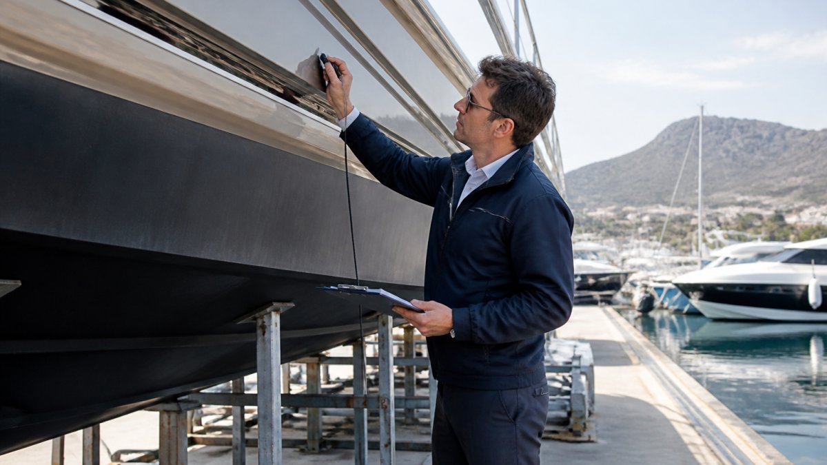 A marine surveyor in professional attire inspecting the hull of a luxury yacht at a marina, with clipboard and testing equipment visible in natural daylight
