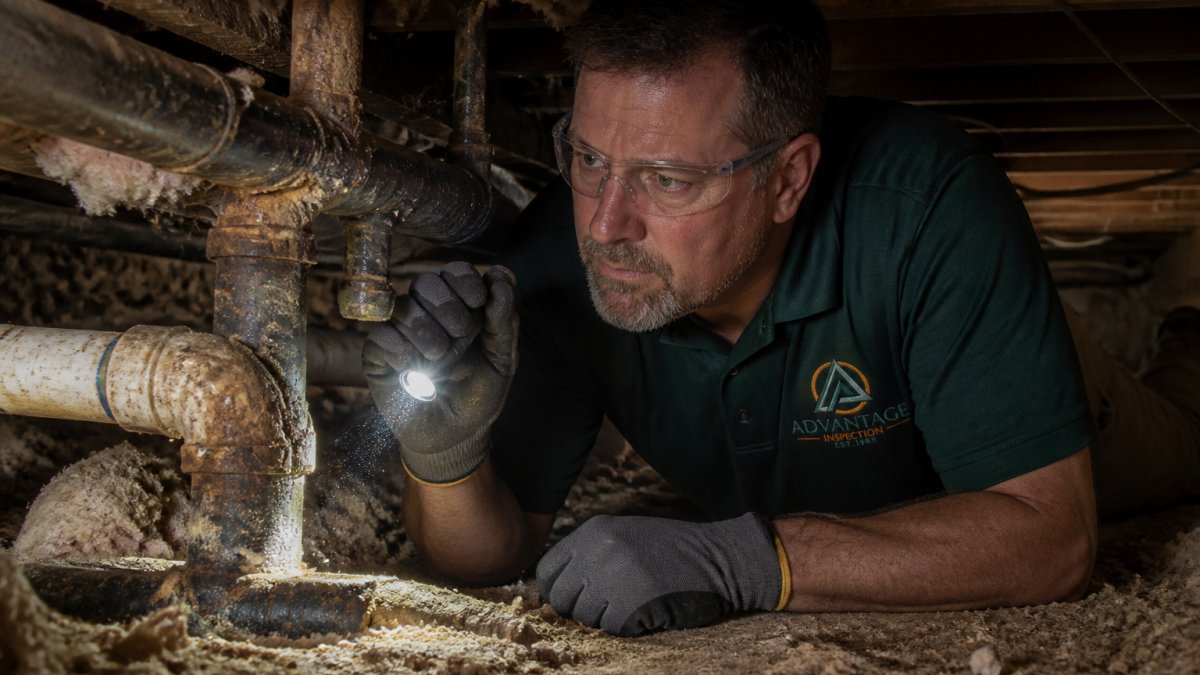 A home inspector in a crawlspace examining old plumbing pipes with a flashlight, wearing a branded work shirt and safety glasses
