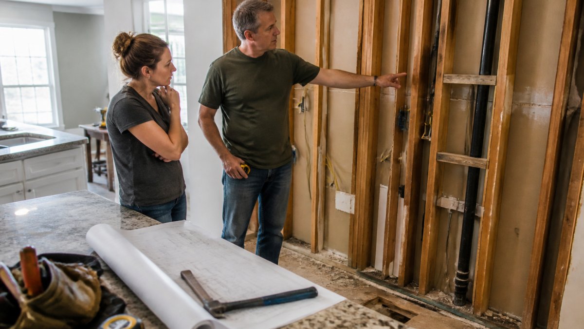 A homeowner and contractor examining exposed wall framing in a kitchen under renovation, with tools and blueprints visible on a nearby counter