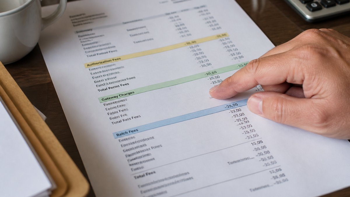 Business owner pointing to hidden fees in merchant statements on a paper report