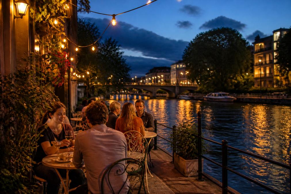 Diners enjoy drinks on the riverside terrace of one of York's best hidden gem restaurants at twilight.