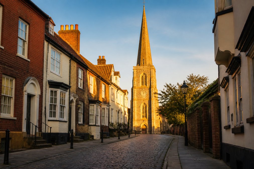 St Mary's Church's impressive Norman spire rising above historic cobbled buildings in the Old Town, golden hour sunlight casting long shadows across the medieval street