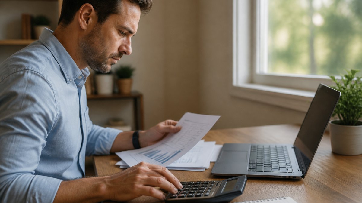 Business owner reviewing financial documents and AI system metrics on laptop in home office, with calculator and notepad visible on desk, natural window lighting