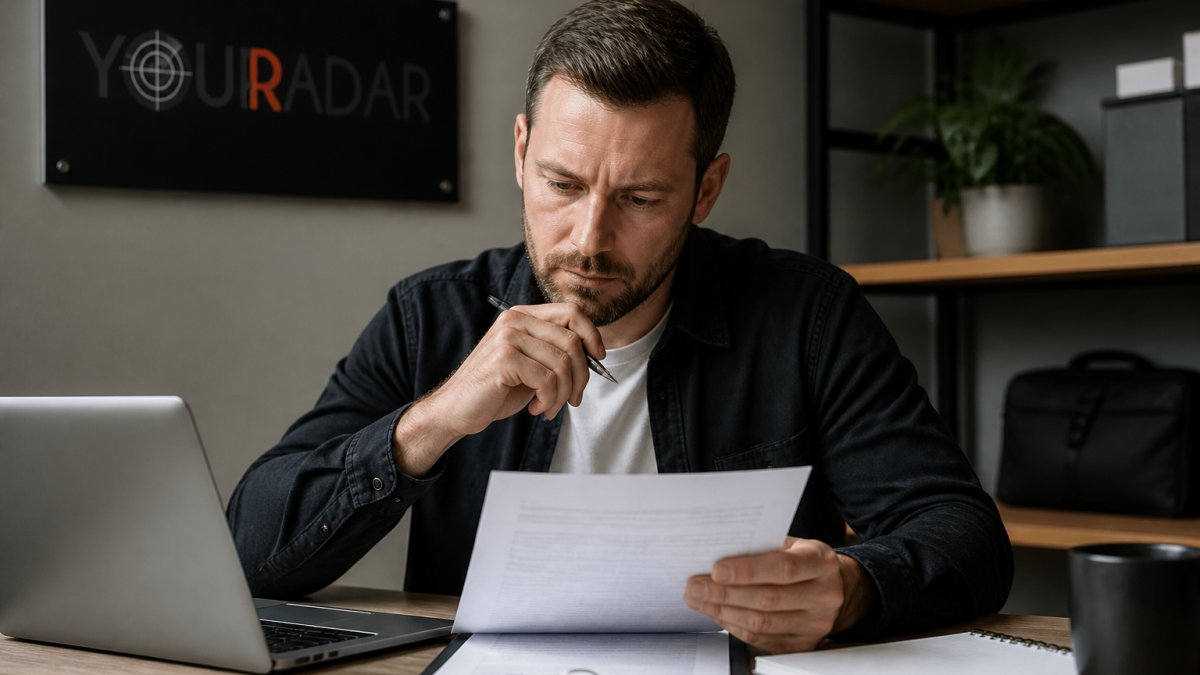 Field service business owner reviewing software contract and pricing terms at desk with laptop and notepad, focused on comparing details