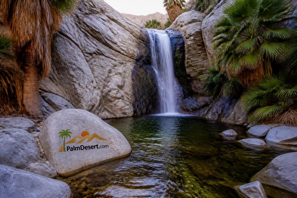 A narrow desert canyon with a seasonal waterfall cascading over granite rocks into a clear pool, surrounded by California fan palms and lush green vegetation