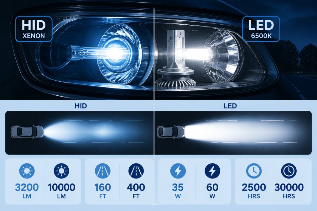 Close-up of a vehicle's headlight housing at night showing an HID xenon bulb glowing bright blue-white next to an LED bulb assembly with distinct beam patterns, illustrating the different light colors and intensity
