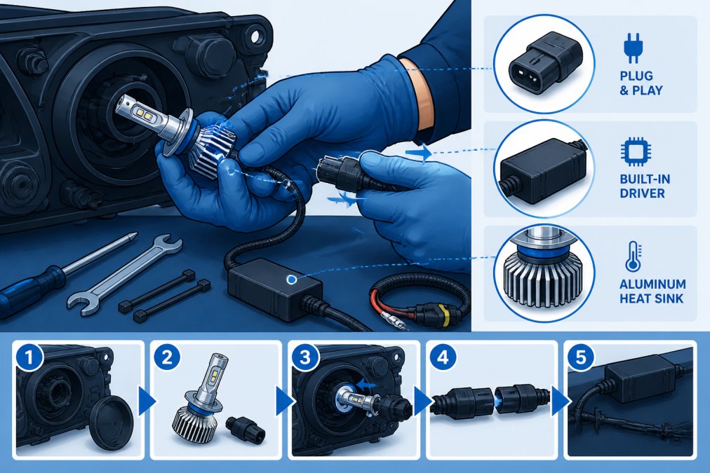Mechanic's hands installing an LED headlight conversion kit into a vehicle headlight housing, showing the plug-and-play connector, built-in driver, and aluminum heat sink, with tools and wiring visible on a workbench