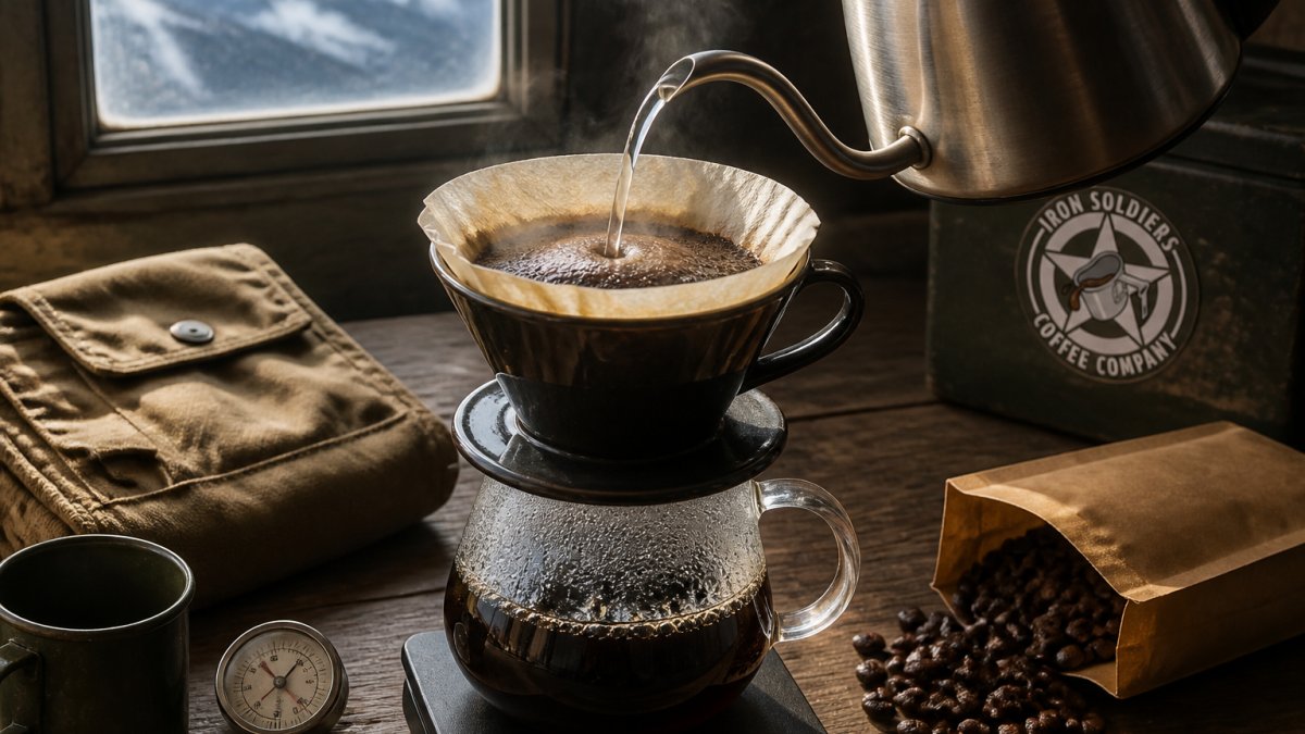 A close-up of a pour-over coffee setup on a wooden table, a gooseneck kettle pouring hot water over dark coffee grounds in a dripper, steam rising from the cone, a thermometer and a bag of coffee beans resting nearby