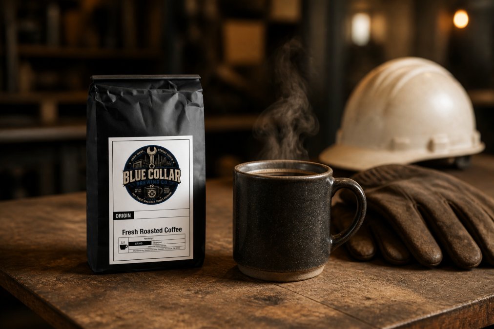 Close-up of a dark roast coffee bag resting on a worn wooden workbench beside a full ceramic mug with steam rising, a pair of worn leather work gloves and a hard hat blurred in the background under warm workshop lighting