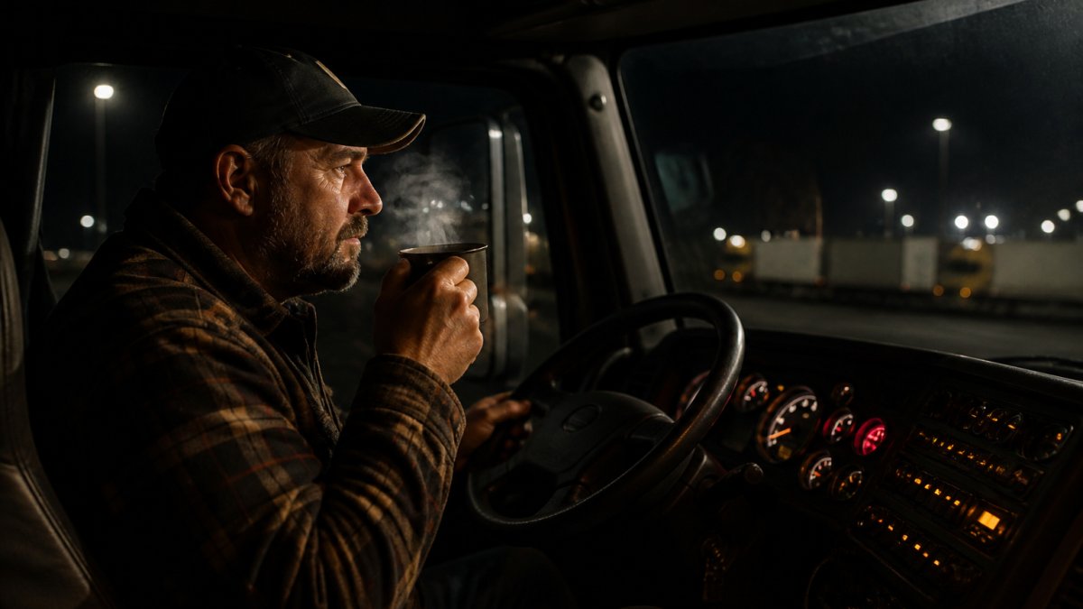 A truck driver in a cab at night, holding a steaming mug of coffee, dashboard lights glowing in the background