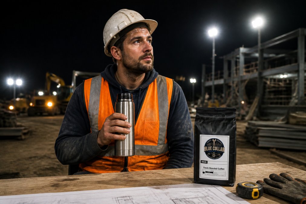 A construction worker in a high-visibility orange vest holding a stainless steel thermos during a night shift break, bright site floodlights illuminating the scene behind them, the worker looking alert and focused with a hard hat pushed back slightly