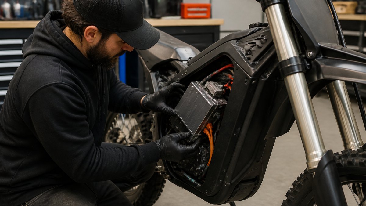 Diagram illustrating the safe installation process for a high-capacity electric dirt bike battery pack.