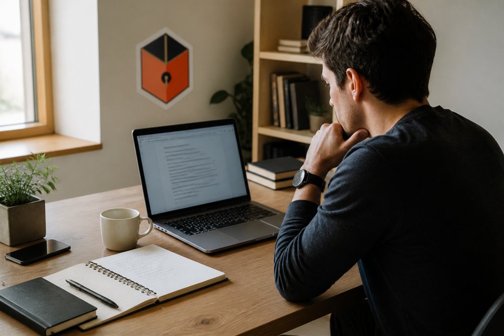 Content creator working at desk with laptop displaying AI-generated copy, reviewing text on screen with notebook and coffee nearby, natural office lighting