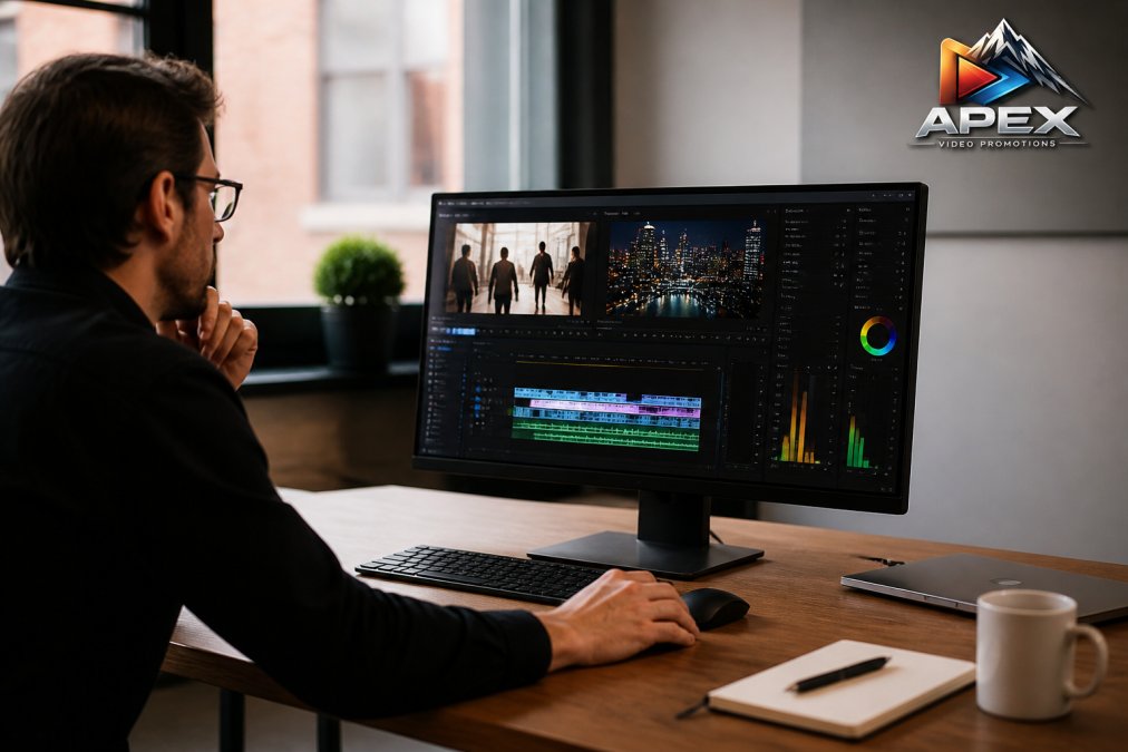 Professional marketer reviewing video analytics dashboard on computer screen displaying performance metrics, conversion rates and engagement data in modern office setting with natural window lighting