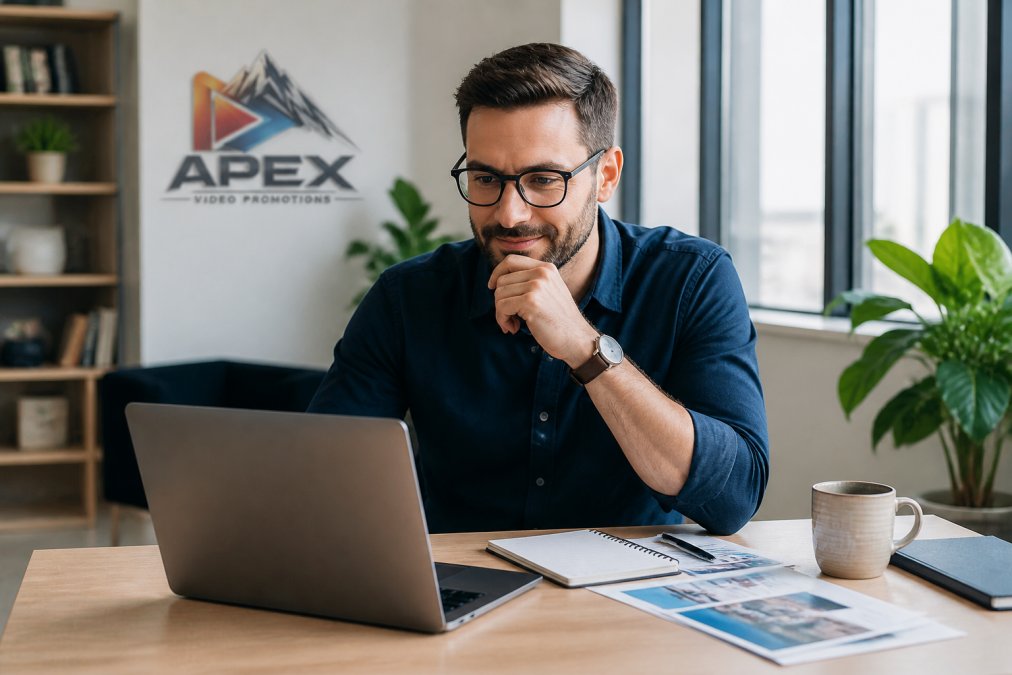Professional marketing manager reviewing high converting video content on laptop screen in bright modern office, satisfied expression whilst analysing engagement metrics