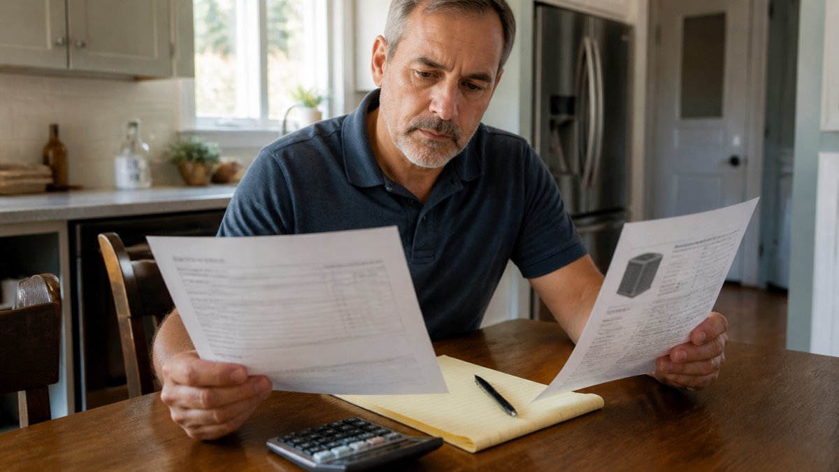 Homeowner reviewing HVAC installation quote and equipment specification sheet at kitchen table with calculator, notepad, and pen in natural daylight