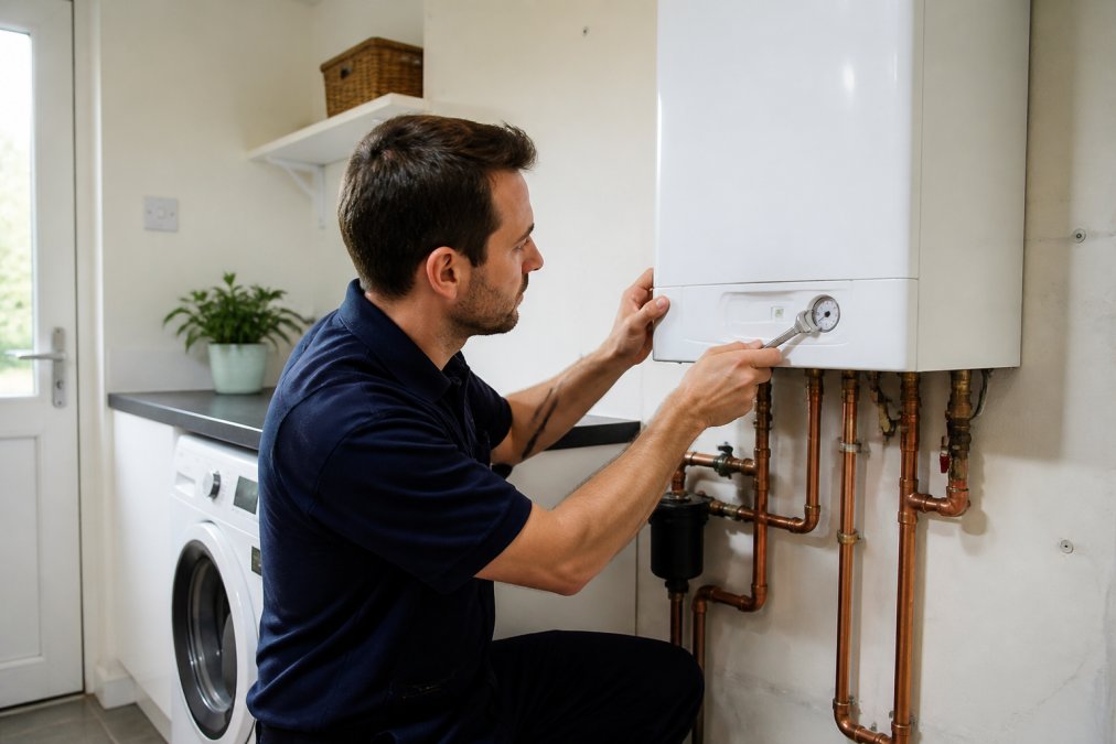 A Gas Safe registered engineer in navy workwear fitting a new white condensing boiler onto a wall in a bright, clean UK utility room, carefully checking the pressure gauge with a spanner in hand