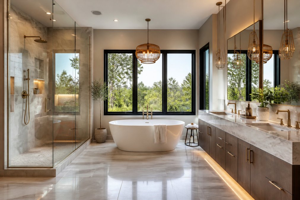 Luxury master bathroom with marble vanity and soaking tub, reflecting a high bathroom remodel cost and home value.