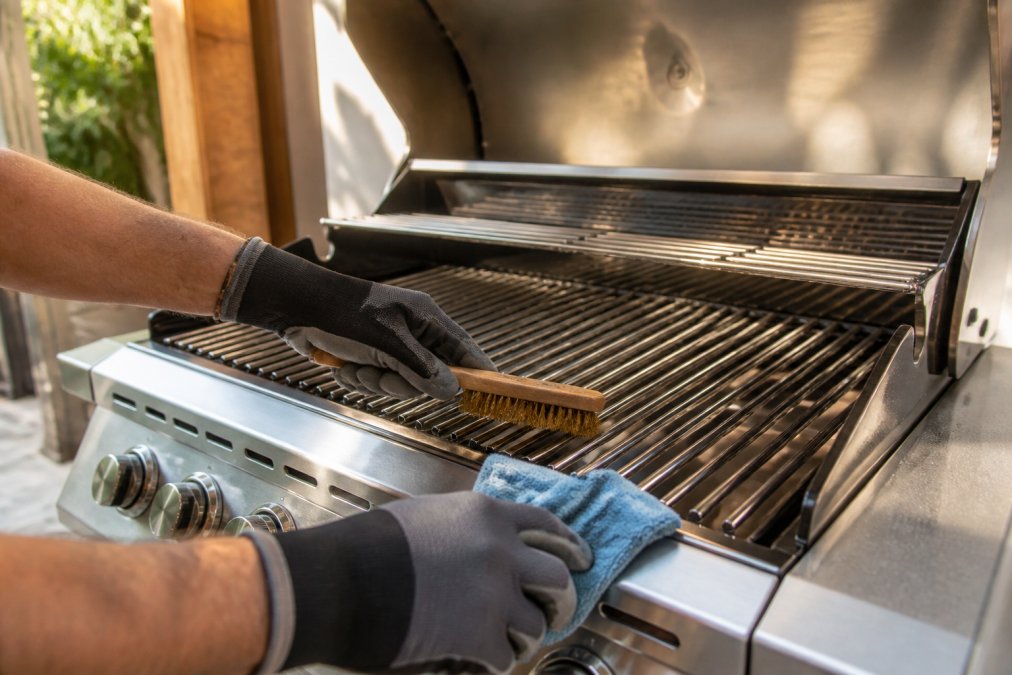 Hands wearing work gloves cleaning a stainless steel grill grate with a brass brush and microfiber cloth, showing proper maintenance technique in afternoon sunlight