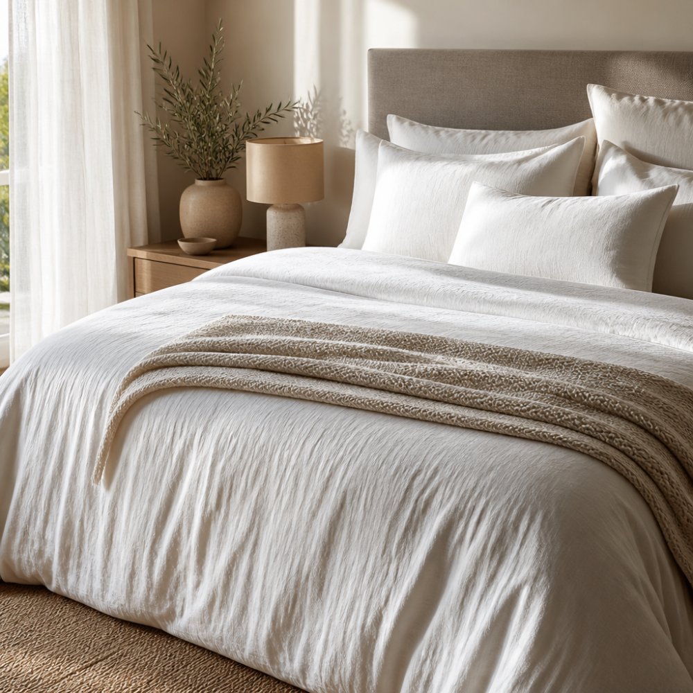 Neatly made bed with crisp linen sheets and a textured blanket, showcasing the quality of high end bedding.