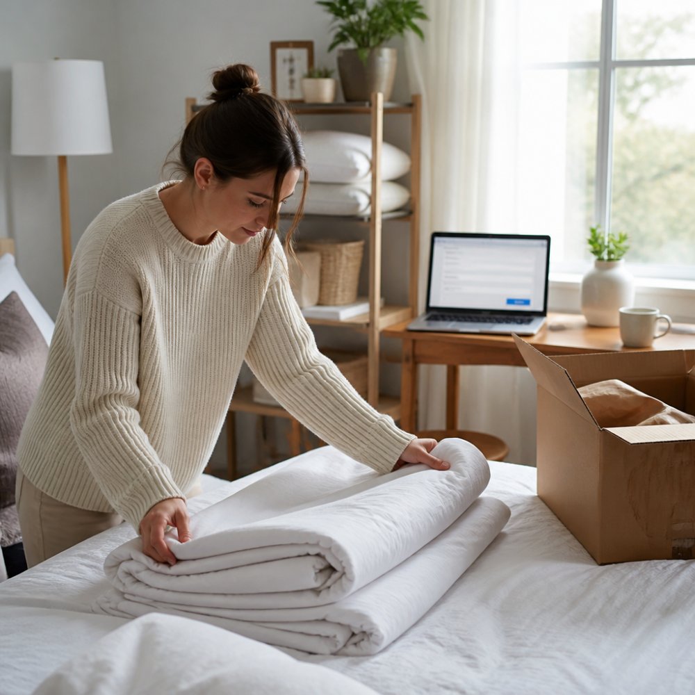 Step-by-step process for folding bedding and submitting an online return form on a laptop
