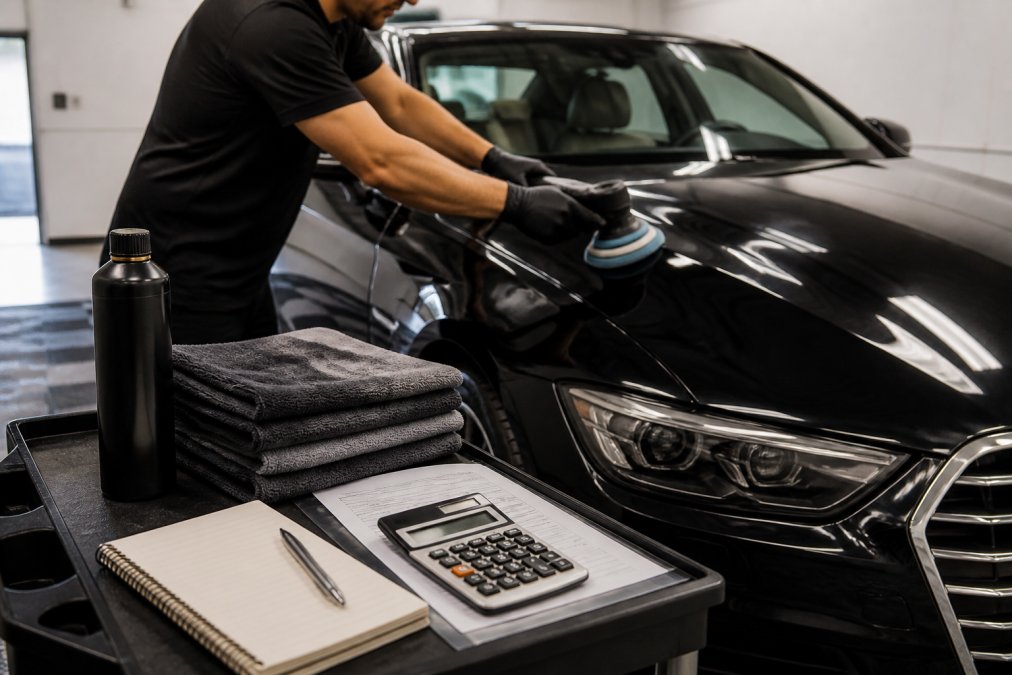A detailer in black gloves using a dual-action polisher on the hood of a dark luxury sedan inside a clean, well-lit detailing bay, with a bottle of ceramic coating and microfiber towels on a nearby cart