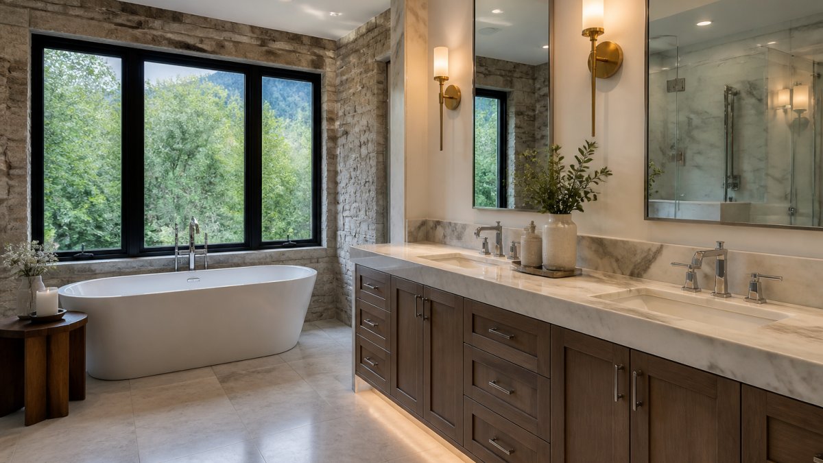 Freestanding soaking tub positioned near a large window with natural stone accents, layered lighting from brass sconces and recessed fixtures, marble countertops, and designer chrome hardware in a serene master bathroom