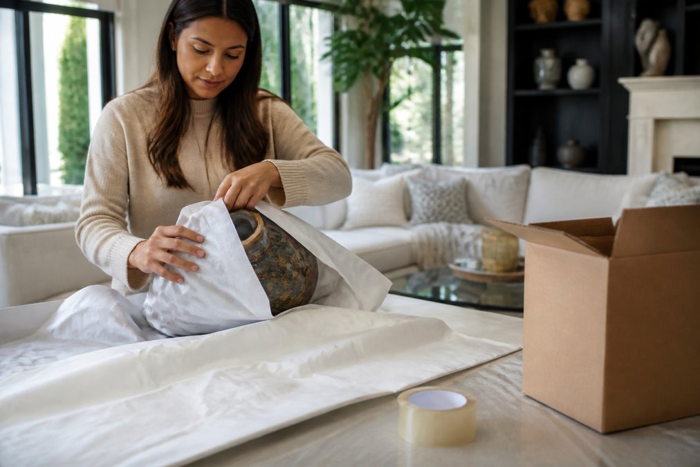 A person carefully wrapping a ceramic vase in protective paper inside a bright, upscale living room, with a roll of packing tape and a box on a nearby table