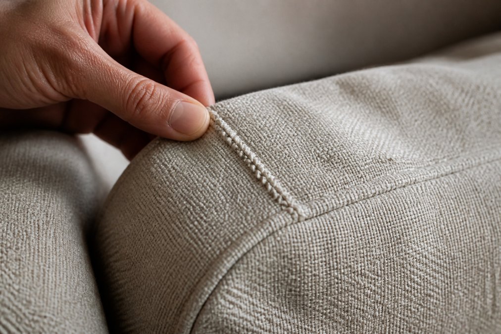 Close-up of hand-stitched upholstery detail on premium fabric with visible craftsmanship and natural lighting showing texture and weaving quality