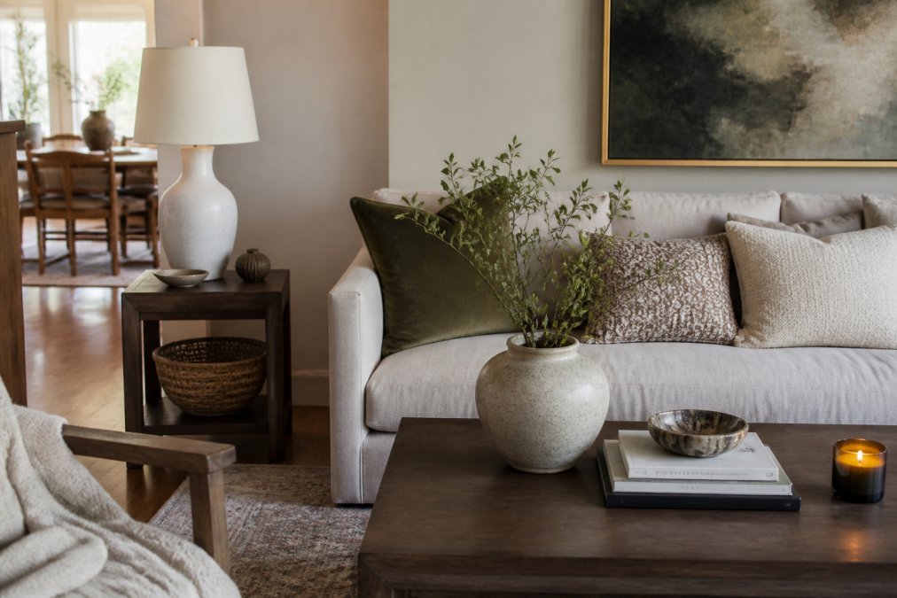 Styled living room interior showing blend of luxury investment pieces and accessible mass-market decor working harmoniously together, with warm natural lighting, layered textures, and thoughtfully arranged furnishings