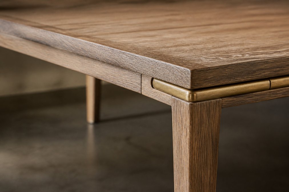 Close-up of hand-finished oak timber grain and brass hardware details on a luxury dining table, soft natural light highlighting wood texture and metal patina