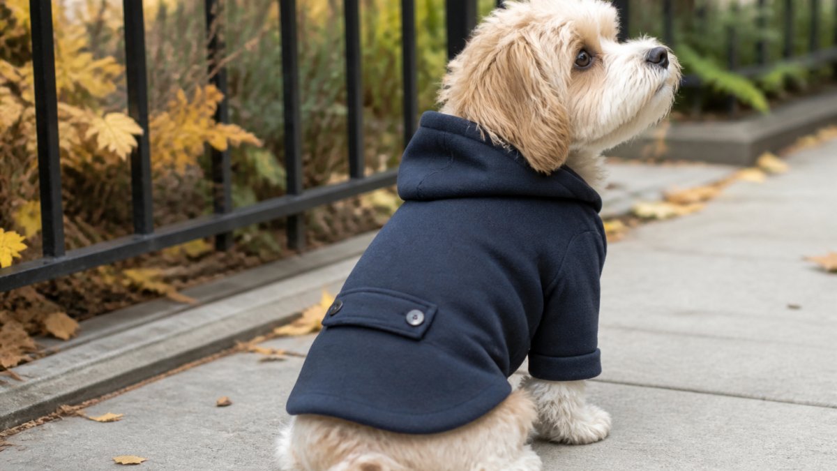 Small dog wearing navy cashmere hoodie coat with elegant design, photographed in natural outdoor lighting showing fabric texture and fit detail