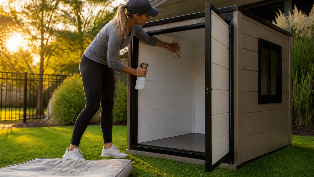 Person cleaning the vinyl interior of a modern dog kennel with a cloth and spray bottle at sunset