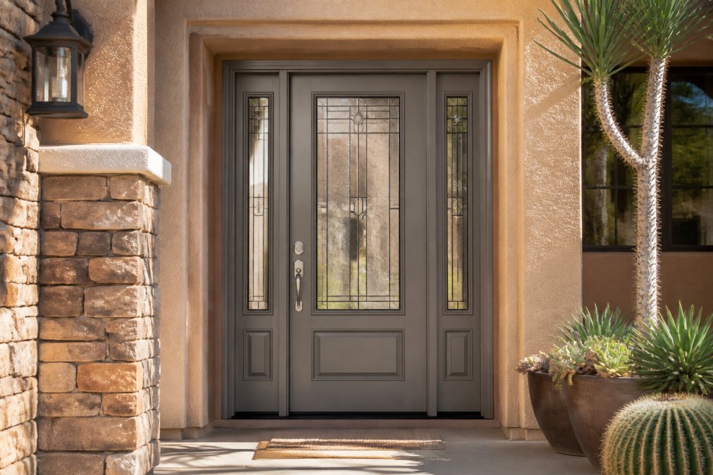 A craftsman-style fiberglass entry door with decorative glass sidelites and brushed nickel hardware, installed on a stucco home exterior in warm desert daylight
