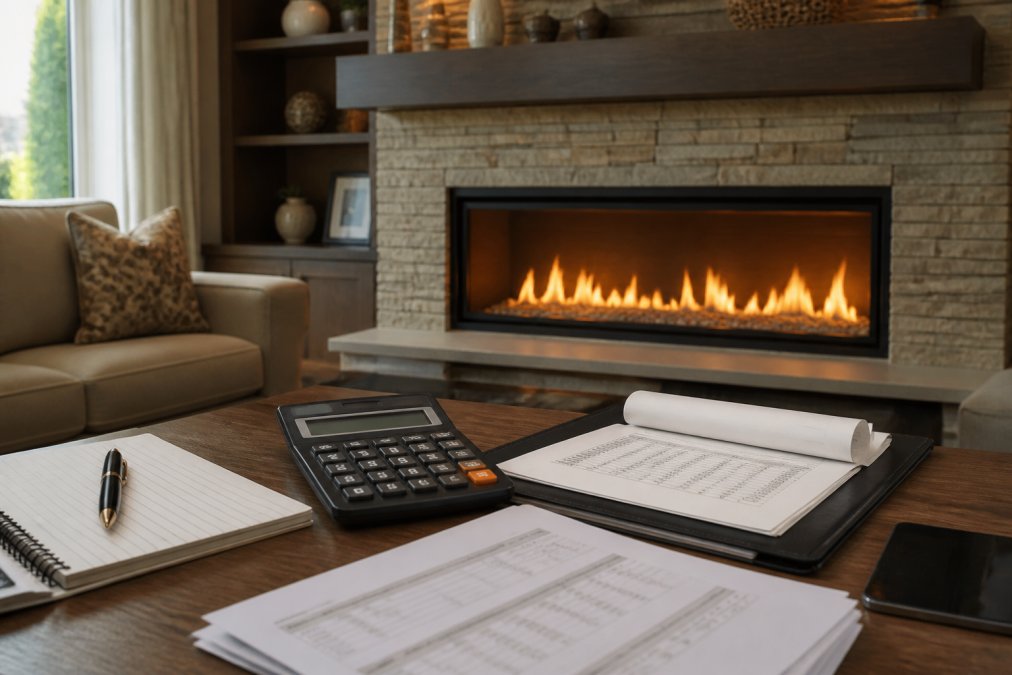 Sophisticated living room with built-in luxury gas fireplace insert featuring elegant stone surround, modern floating mantel with decorative accessories, and warm ambient lighting from realistic flames casting a glow across the seating area