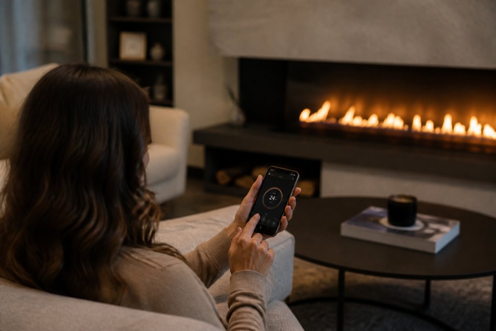 Homeowner using smartphone to control fireplace settings in elegant living room, with the fireplace glowing warmly in the background and smart home interface visible on screen