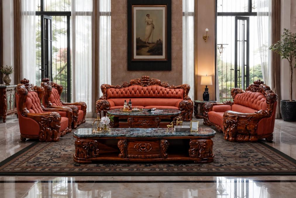 Sophisticated living room featuring a tufted leather sofa positioned as the focal point, with accent chairs and a coffee table arranged to create visual balance, warm ambient lighting highlighting the spatial composition and negative space