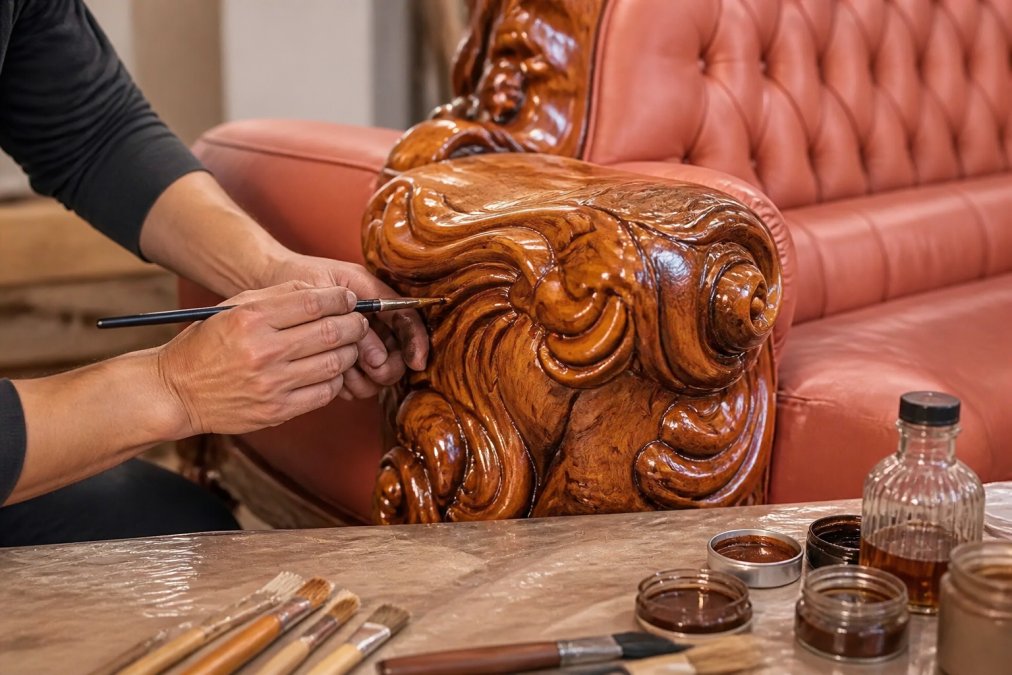 Craftsperson's hands refinishing a carved wood furniture piece, showing restoration work on intricate wood carving details and decorative elements, with finishing materials and tools visible on the work surface