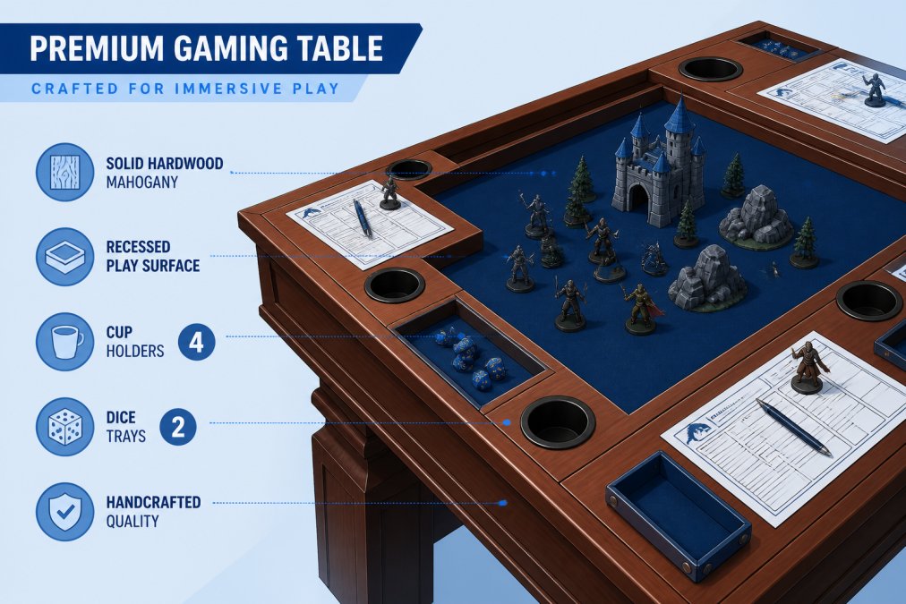 Close-up of a handcrafted wooden gaming table with rich mahogany grain, showing a recessed felt playing surface with integrated cup holders and dice trays, surrounded by character sheets and miniatures on the wider table edges