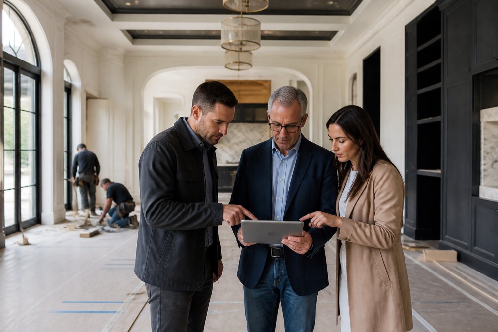 Architects and builders reviewing blueprints during a high end home renovation project inside a luxury property.