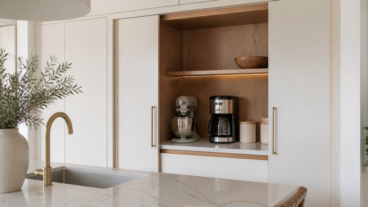 A bright luxury kitchen with a custom cabinet run where a pocket door has slid back to reveal a stand mixer and coffee maker on a shelf, quartz countertop in the foreground, warm wood and matte white finishes