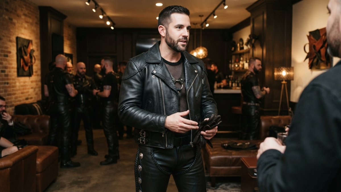 A man wearing premium black leather jacket and chaps at an upscale leather event, showcasing hand-stitched details and quality craftsmanship in professional lighting