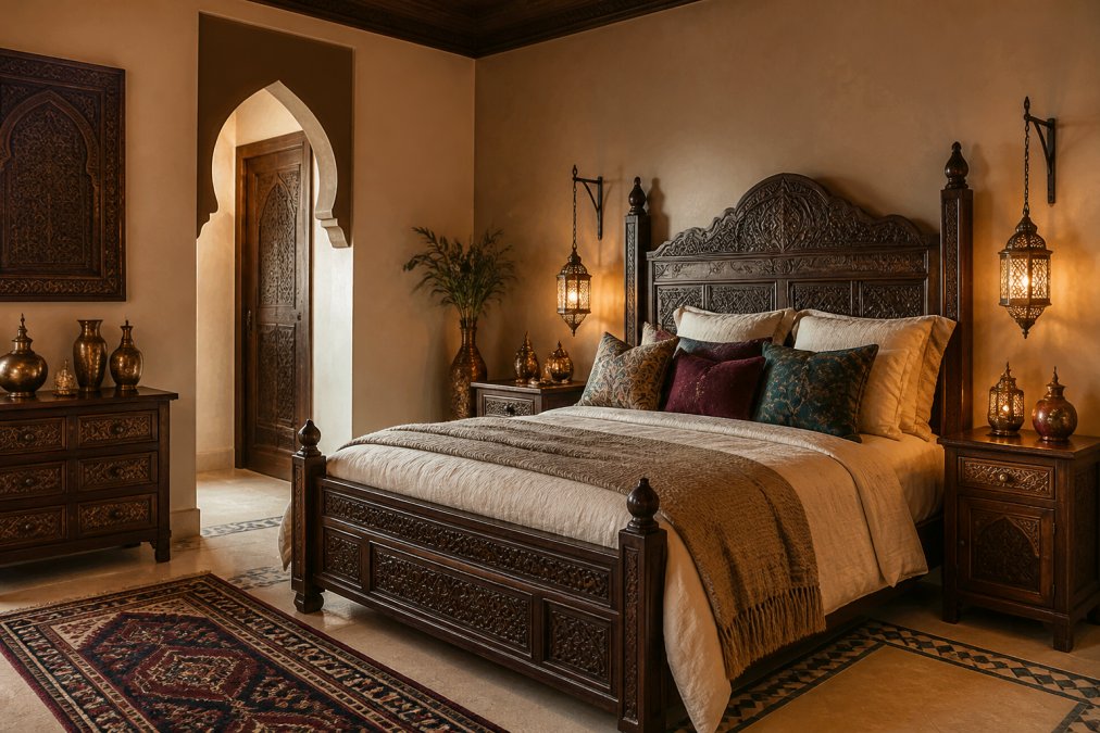 A wide shot of a luxurious master bedroom featuring an ornate hand-carved wooden Moroccan bed as the centerpiece, styled with layered textiles, patterned pillows, and warm ambient lighting from brass lanterns on the walls