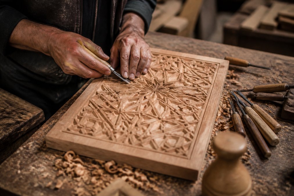 Close-up of artisan hands carving intricate geometric patterns into cedar wood, with traditional carving tools and wood shavings visible in warm workshop lighting
