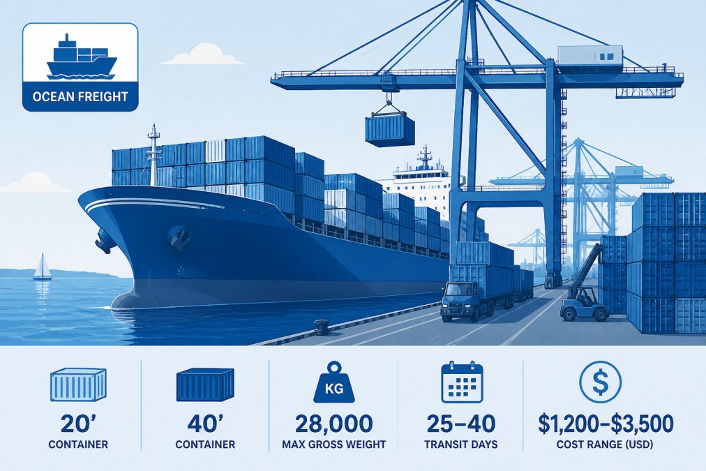 Large cargo ship loaded with shipping containers at a busy international port, showing the scale of ocean freight operations with cranes loading containers and the Atlantic horizon