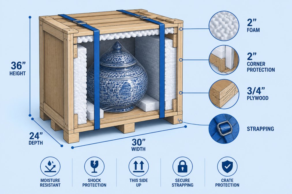 Close-up of a wooden crate with protective foam padding and strapping securing a wrapped decorative Moroccan item inside, showing proper crating standards