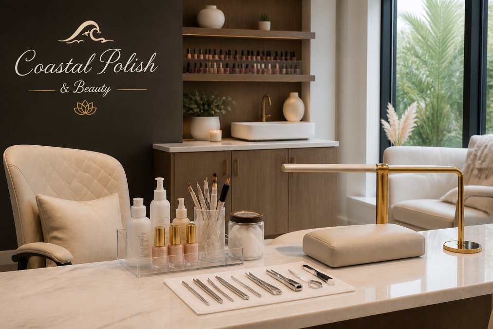 A serene, upscale nail salon interior with a manicure station, neatly arranged premium tools, and soft natural light, showing a clean and welcoming environment
