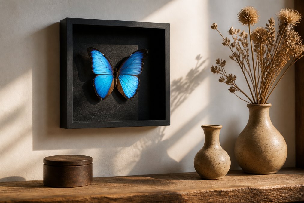 Close-up of a vivid blue Papilio ulysses butterfly specimen hand-mounted inside a deep black-backed shadowbox frame, displayed on a white wall above a timber shelf with small ceramic vessels and dried botanicals, lit by warm afternoon light
