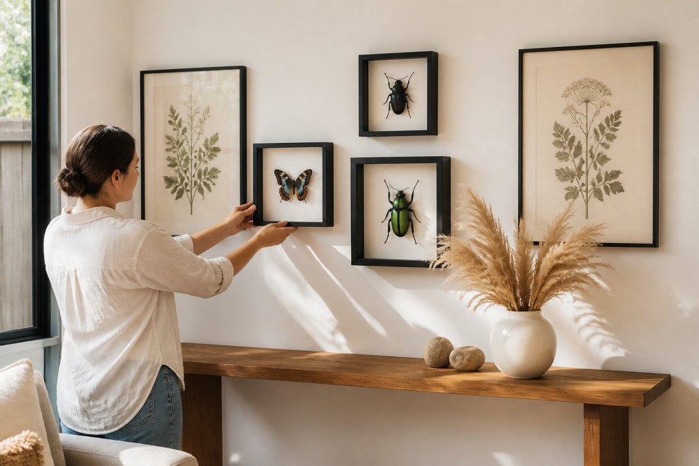 A gallery wall arrangement featuring three shadowbox frames of varying sizes displaying butterfly and beetle specimens, flanked by two fine art botanical prints, hung above a narrow timber console table styled with a white ceramic vase of dried pampas grass and two small natural stone objects, in a bright living room with white walls and warm afternoon light